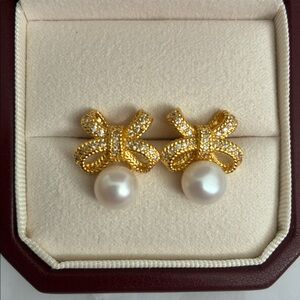 Elegant Bow Earrings| Gold Earrings| Pearl Earrings|Christmas gift for her